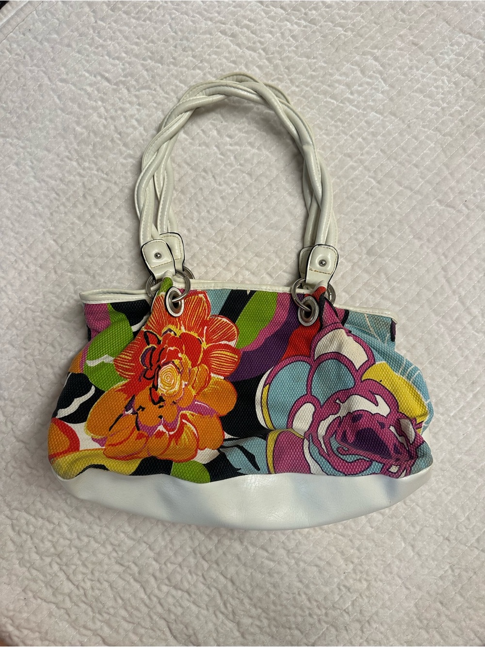 Floral Canvas Tote with White Trim - Multicolor